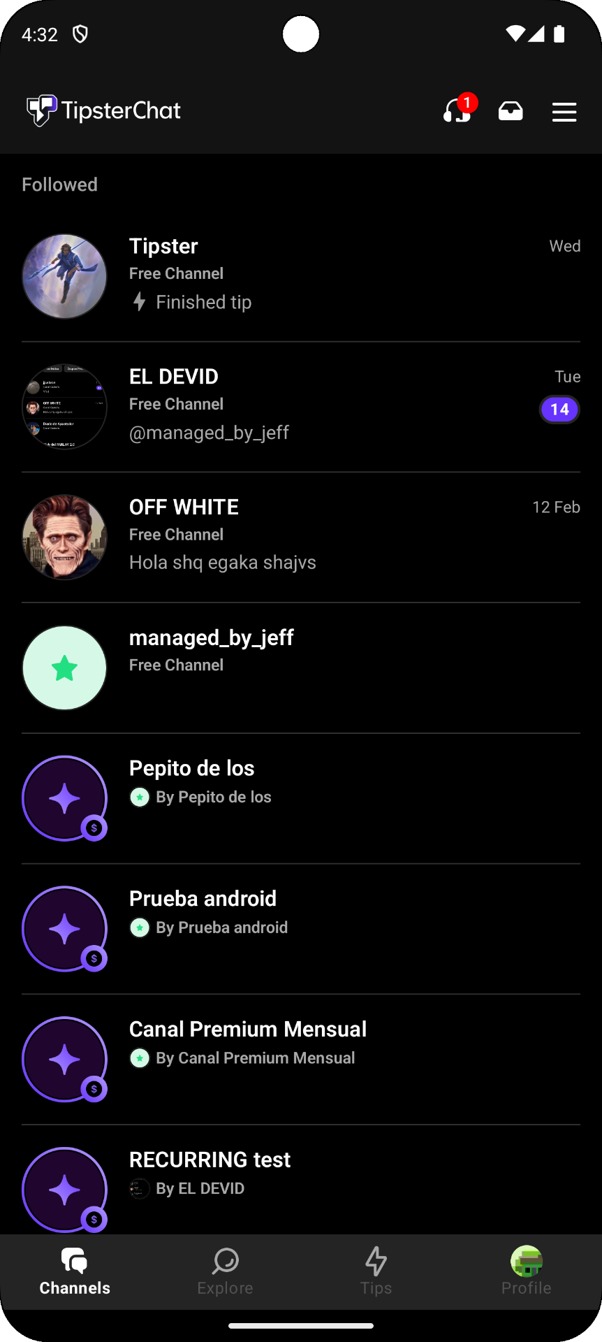 TipsterChat channels interface